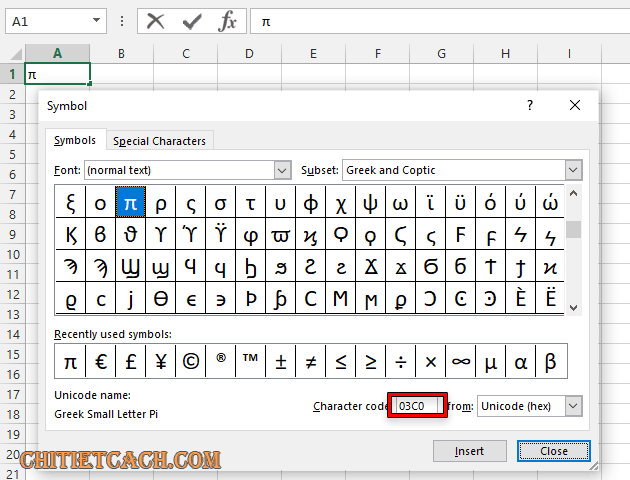 Nhập ký tự PI bằng công cụ Symbol trong Excel