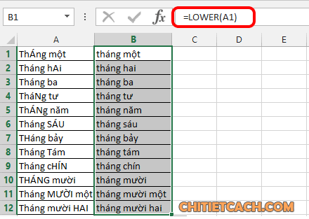 Hàm LOWER chuyển chữ hoa thành chữ thường Excel